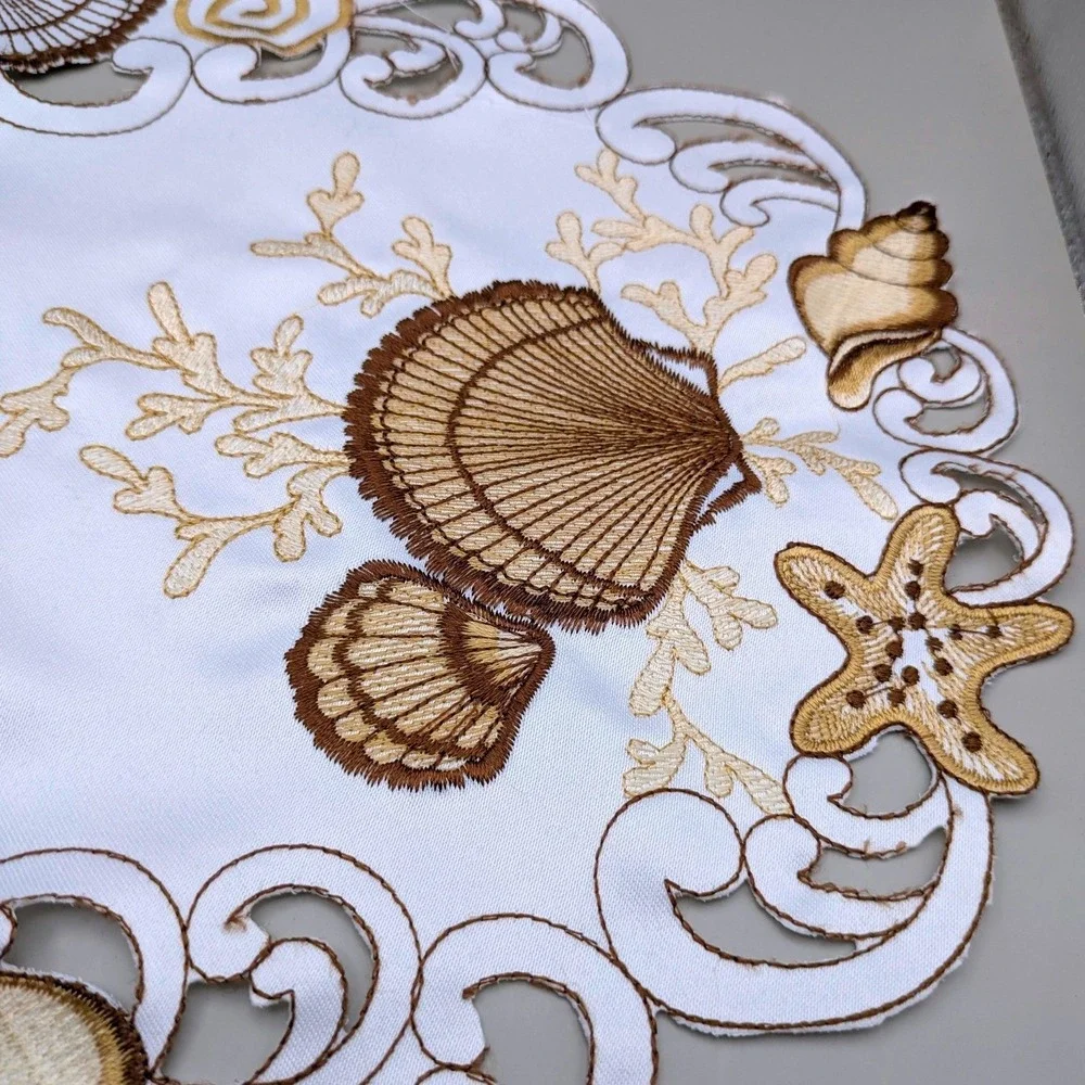 Embroidered Seashell Beach Themed White Gold Keyhole Placemats - Set of 4